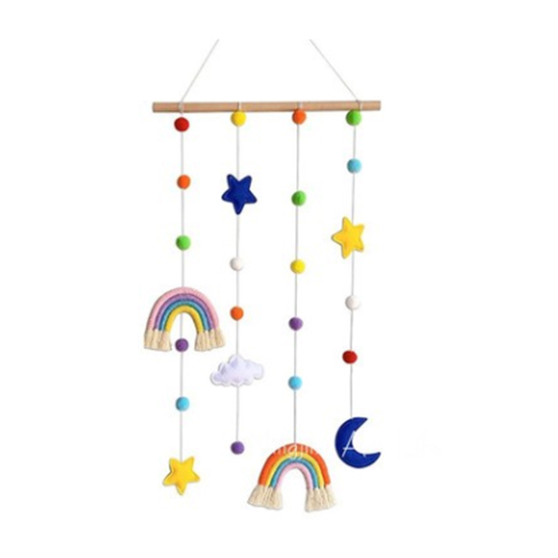 Pépinière murale arc-en-ciel, présentoir photo suspendu arc-en-ciel avec pompons et lune, nuages ​​et étoiles, jouets suspendus pour lit de bébé