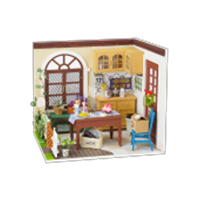 Kit miniature avec mini maison en bois clair pour construire un ensemble de jeu fait main avec accessoires