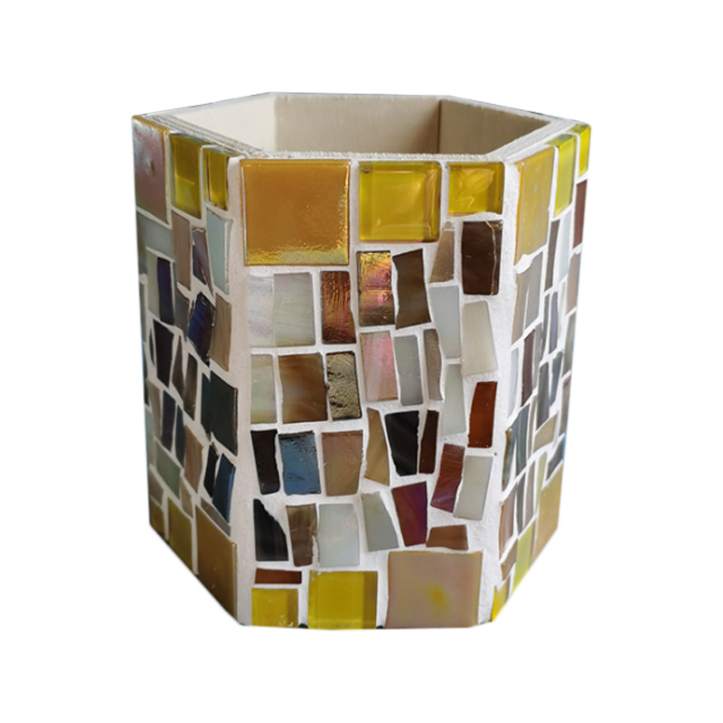 Porte-stylo d'art en mosaïque artisanal, rangement de bureau créatif peu encombrant, patchs de forme irrégulière en mosaïque de cristal rond, design coloré fait à la main, organisateur de bureau, support en forme d'hexagone en forme de cube cylindrique,