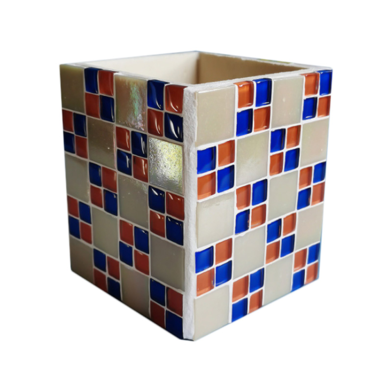 Porte-stylo d'art en mosaïque artisanal, rangement de bureau créatif peu encombrant, patchs de forme irrégulière en mosaïque de cristal rond, design coloré fait à la main, organisateur de bureau, support en forme d'hexagone en forme de cube cylindrique,