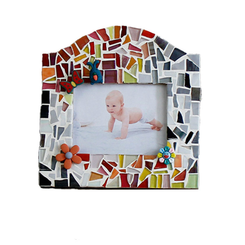 Ins Wood Mosaic DIY Photo Frame, souvenir de décoration de la maison en céramique, kits d'artisanat familial, design et forme modernes, avec patch de fleurs, best-seller