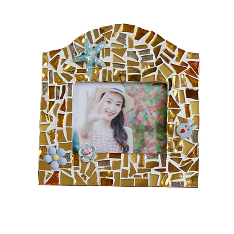 Ins Wood Mosaic DIY Photo Frame, souvenir de décoration de la maison en céramique, kits d'artisanat familial, design et forme modernes, avec patch de fleurs, best-seller