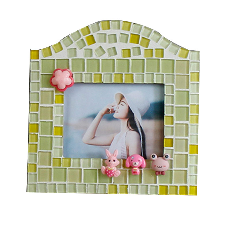 Ins Wood Mosaic DIY Photo Frame, souvenir de décoration de la maison en céramique, kits d'artisanat familial, design et forme modernes, avec patch de fleurs, best-seller