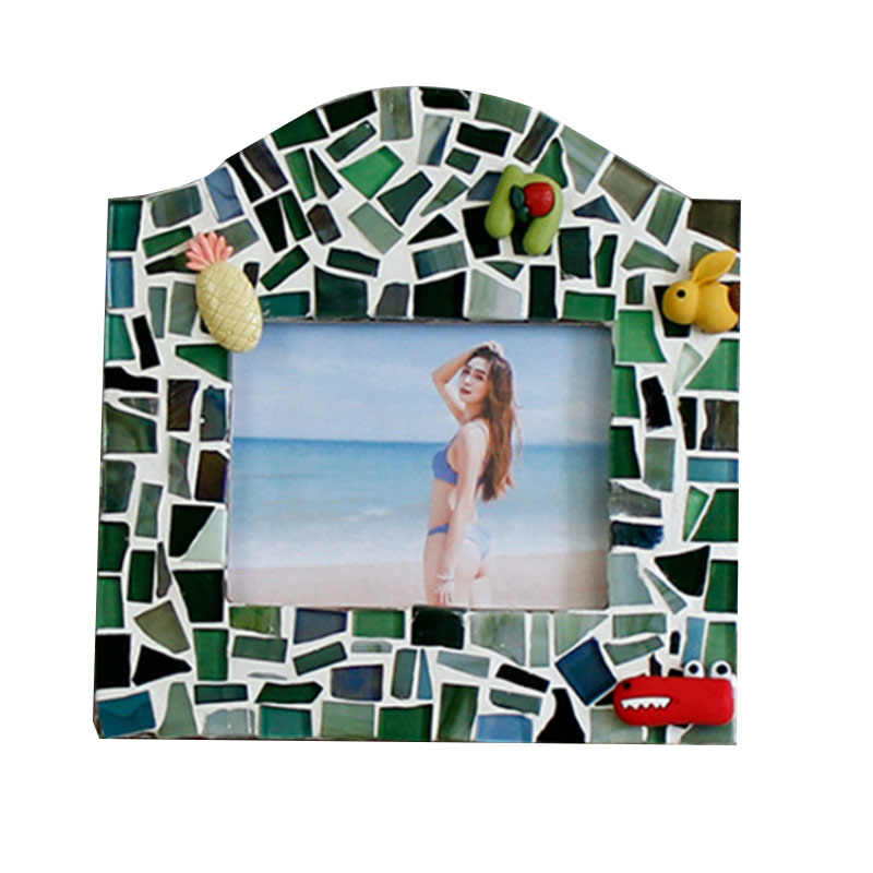 Ins Wood Mosaic DIY Photo Frame, souvenir de décoration de la maison en céramique, kits d'artisanat familial, design et forme modernes, avec patch de fleurs, best-seller