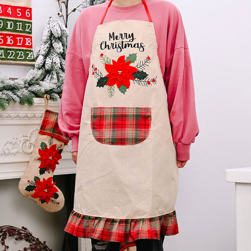 Tablier en lin avec motif de fleurs rouges et poche quadrillée pour adultes dans le style de Noël de la cuisine