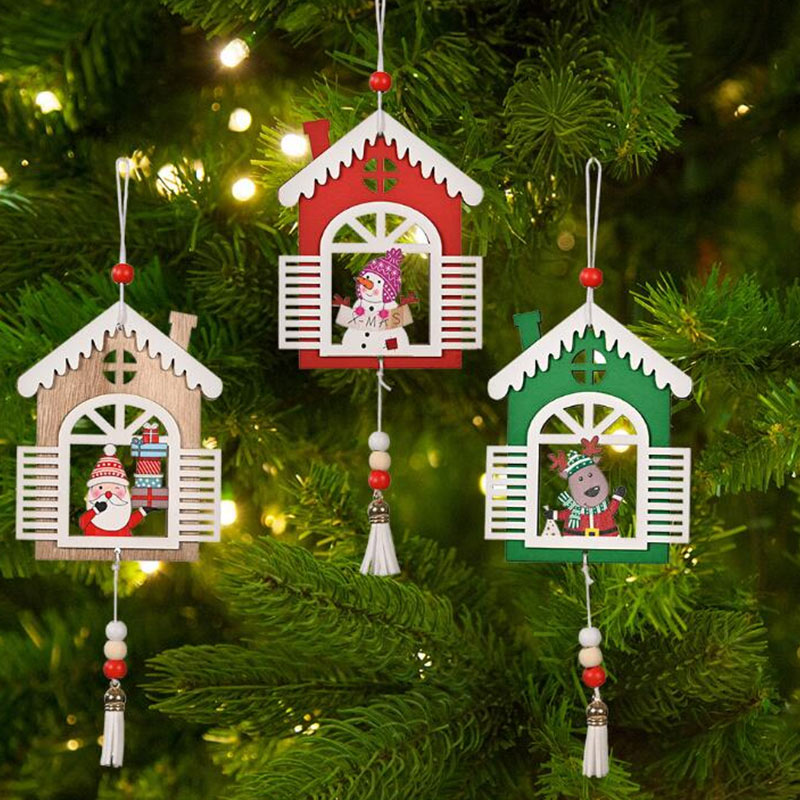 Décoration d'arbre de Noël en forme de fenêtre suspendue en bois avec pompon