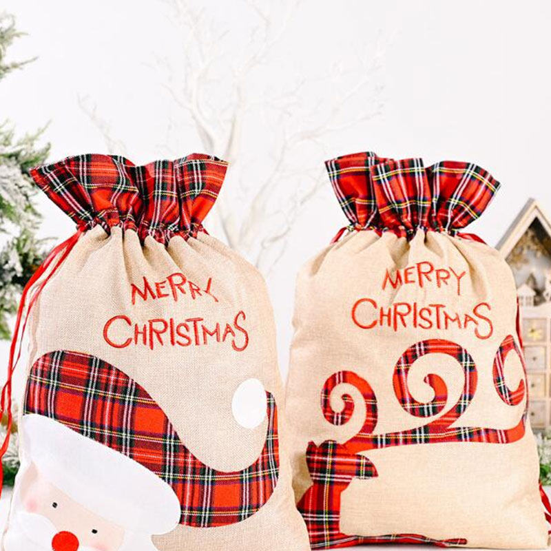 Sac Cadeau Brodé avec Tissu de Père Noël et Décoration de Formes de Renne